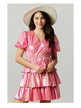 Shimmer Tiered Mini Dress in Pink